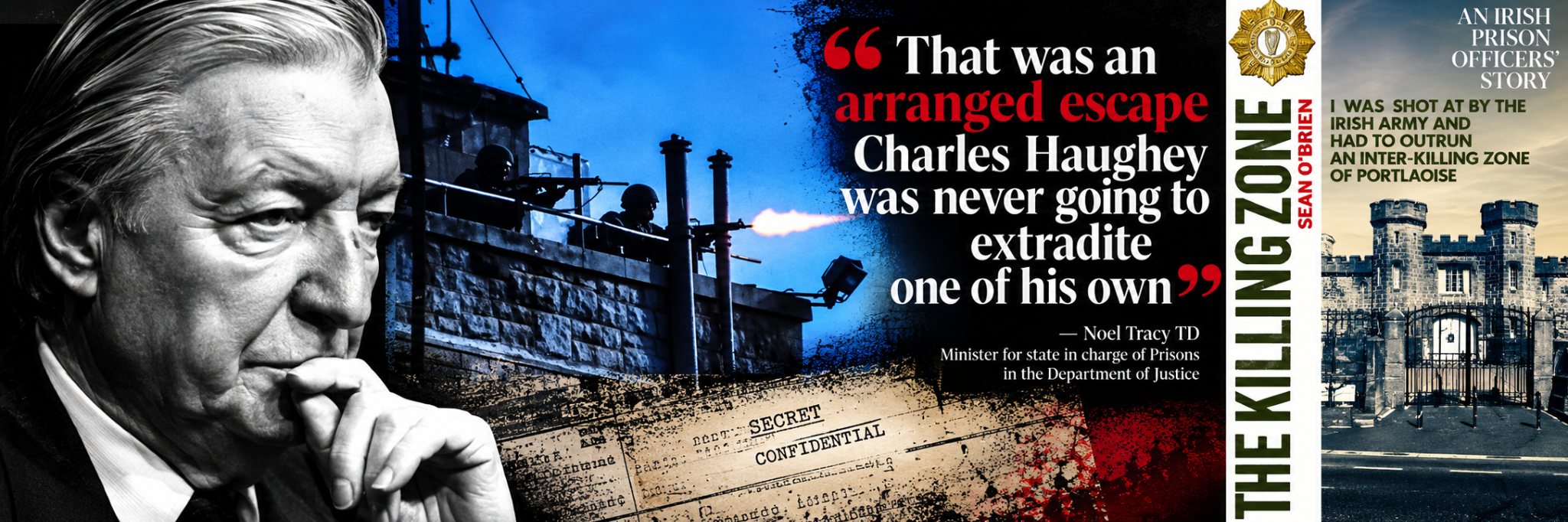 Editorial montage of Charles Haughey, dramatised rooftop soldiers and the Portlaoise story